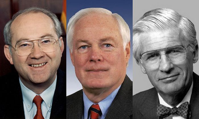 A photo of Sen. Phil Gramm (R, Texas), Rep. Jim Leach (R, Iowa), and Rep. Thomas J. Bliley, Jr. (R, Virginia), the co-sponsors of the Gramm–Leach–Bliley Act