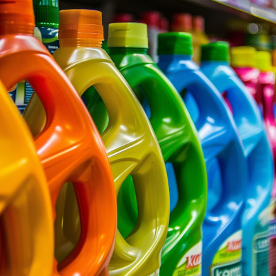 Repurposed detergent bottles labeled for safe use as makeshift sharps containers.